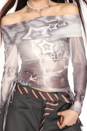 Cute Everyday Outfits, Outfit Inspo Casual Y2K Star Mesh Off-Shoulder Long Sleeve Top