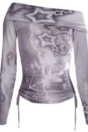 Cute Everyday Outfits, Outfit Inspo Casual Y2K Star Mesh Off-Shoulder Long Sleeve Top