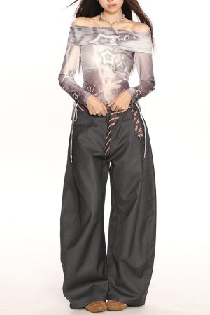 Cute Everyday Outfits, Outfit Inspo Casual Y2K Star Mesh Off-Shoulder Long Sleeve Top