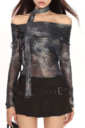 Cute Everyday Outfits, Outfit Inspo Casual Y2K Tie-Dye Mesh Off-Shoulder Top