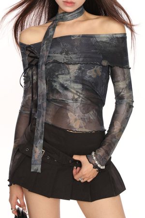 Cute Everyday Outfits, Outfit Inspo Casual Y2K Tie-Dye Mesh Off-Shoulder Top