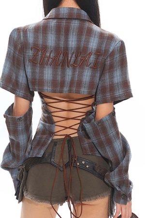 Cute Everyday Outfits, Outfit Inspo Casual Y2K Western Lace-Up Backless Plaid Shirt