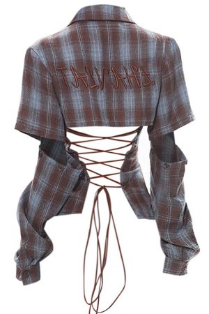 Cute Everyday Outfits, Outfit Inspo Casual Y2K Western Lace-Up Backless Plaid Shirt