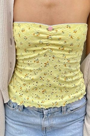 Cute Everyday Outfits, Outfit Inspo Casual Yellow Cottagecore Floral Tube Top