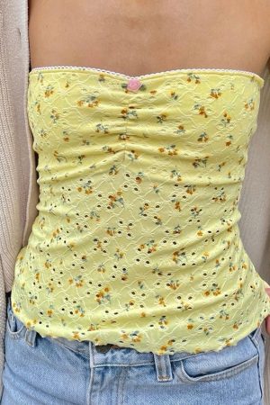 Cute Everyday Outfits, Outfit Inspo Casual Yellow Cottagecore Floral Tube Top