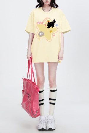 Cute Everyday Outfits, Outfit Inspo Casual Yellow Star Cat T-Shirt