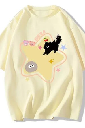 Cute Everyday Outfits, Outfit Inspo Casual Yellow Star Cat T-Shirt