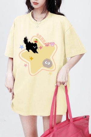 Cute Everyday Outfits, Outfit Inspo Casual Yellow Star Cat T-Shirt
