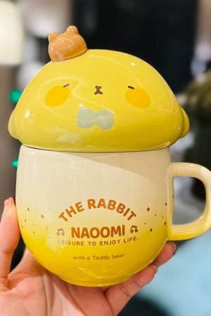 Cute Fufu Dog Ceramic Mug with Lid and Spoon - Influencer-Style Couple Water Cup for Breakfast or Coffee with Straw