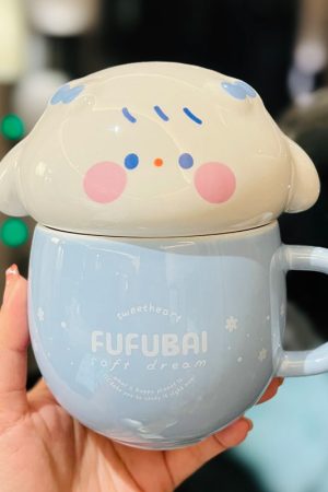 Cute Fufu Dog Ceramic Mug with Lid and Spoon - Influencer-Style Couple Water Cup for Breakfast or Coffee with Straw