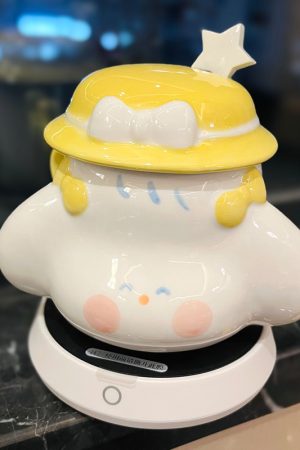 Cute Fufu Dog Ceramic Mug with Lid and Spoon - Influencer-Style Couple Water Cup for Breakfast or Coffee with Straw