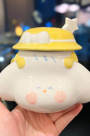 Cute Fufu Dog Ceramic Mug with Lid and Spoon - Influencer-Style Couple Water Cup for Breakfast or Coffee with Straw