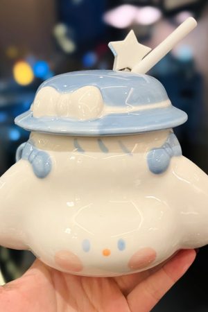 Cute Fufu Dog Ceramic Mug with Lid and Spoon - Influencer-Style Couple Water Cup for Breakfast or Coffee with Straw