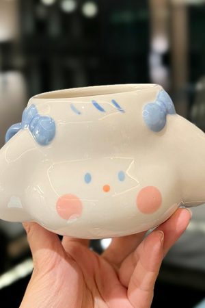 Cute Fufu Dog Ceramic Mug with Lid and Spoon - Influencer-Style Couple Water Cup for Breakfast or Coffee with Straw