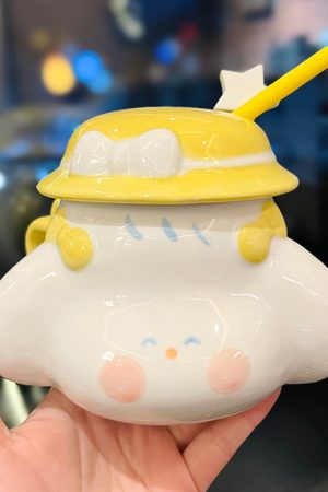 Cute Fufu Dog Ceramic Mug with Lid and Spoon - Influencer-Style Couple Water Cup for Breakfast or Coffee with Straw