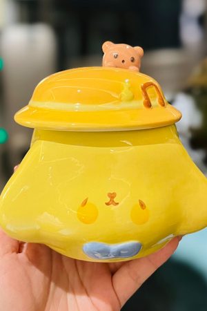 Cute Fufu Dog Ceramic Mug with Lid and Spoon - Influencer-Style Couple Water Cup for Breakfast or Coffee with Straw