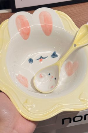Cute Hand-Painted Cartoon Unicorn Ceramic Bowl with Underglaze, 5-Inch Ice Cream Bowl and Dessert Spoon, Perfect for Kids' Parties