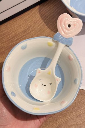 Cute Hand-Painted Cartoon Unicorn Ceramic Bowl with Underglaze, 5-Inch Ice Cream Bowl and Dessert Spoon, Perfect for Kids' Parties