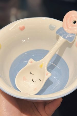 Cute Hand-Painted Cartoon Unicorn Ceramic Bowl with Underglaze, 5-Inch Ice Cream Bowl and Dessert Spoon, Perfect for Kids' Parties
