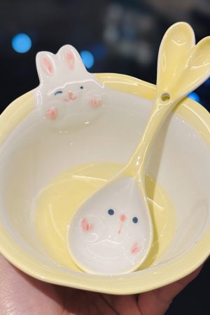 Cute Hand-Painted Cartoon Unicorn Ceramic Bowl with Underglaze, 5-Inch Ice Cream Bowl and Dessert Spoon, Perfect for Kids' Parties