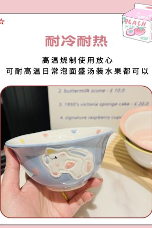 Cute Hand-Painted Cartoon Unicorn Ceramic Bowl with Underglaze, 5-Inch Ice Cream Bowl and Dessert Spoon, Perfect for Kids' Parties