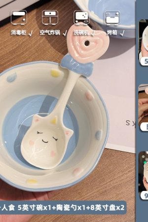 Cute Hand-Painted Cartoon Unicorn Ceramic Bowl with Underglaze, 5-Inch Ice Cream Bowl and Dessert Spoon, Perfect for Kids' Parties