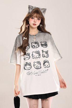 Cute Hello Kitty Cat Short-Sleeve T-Shirt for Women, Casual Summer 2025 Loose Fit, Trendy American Style