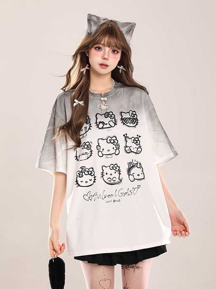 Cute Hello Kitty Cat Short-Sleeve T-Shirt for Women, Casual Summer 2025 Loose Fit, Trendy American Style Cute Hello Kitty Cat Short-Sleeve T-Shirt for Women, Casual Summer 2025 Loose Fit, Trendy American Style