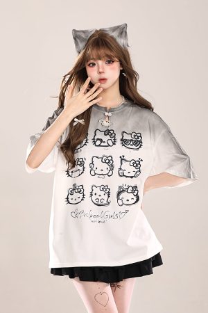Cute Hello Kitty Cat Short-Sleeve T-Shirt for Women, Casual Summer 2025 Loose Fit, Trendy American Style