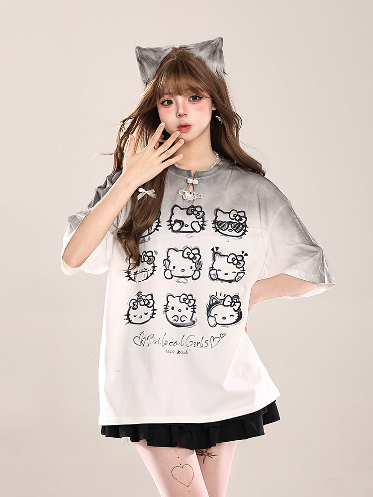 Cute Hello Kitty Cat Short-Sleeve T-Shirt for Women, Casual Summer 2025 Loose Fit, Trendy American Style Cute Hello Kitty Cat Short-Sleeve T-Shirt for Women, Casual Summer 2025 Loose Fit, Trendy American Style