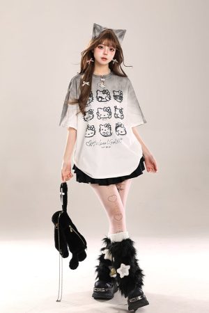 Cute Hello Kitty Cat Short-Sleeve T-Shirt for Women, Casual Summer 2025 Loose Fit, Trendy American Style