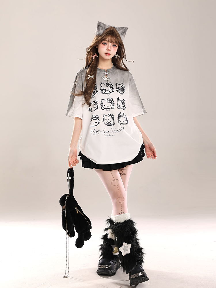 Cute Hello Kitty Cat Short-Sleeve T-Shirt for Women, Casual Summer 2025 Loose Fit, Trendy American Style Cute Hello Kitty Cat Short-Sleeve T-Shirt for Women, Casual Summer 2025 Loose Fit, Trendy American Style