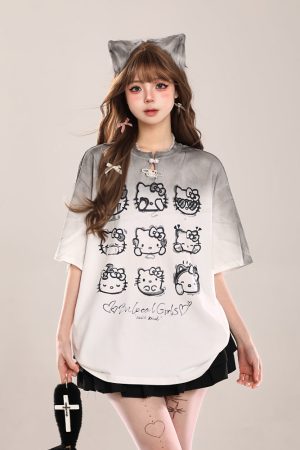 Cute Hello Kitty Cat Short-Sleeve T-Shirt for Women, Casual Summer 2025 Loose Fit, Trendy American Style