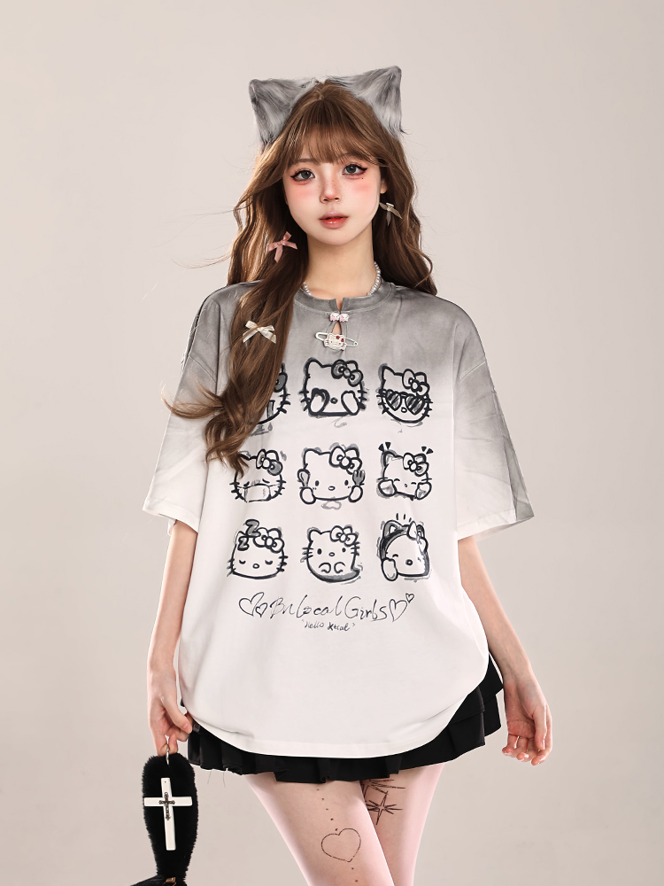 Cute Hello Kitty Cat Short-Sleeve T-Shirt for Women, Casual Summer 2025 Loose Fit, Trendy American Style Cute Hello Kitty Cat Short-Sleeve T-Shirt for Women, Casual Summer 2025 Loose Fit, Trendy American Style