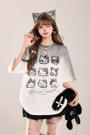 Cute Hello Kitty Cat Short-Sleeve T-Shirt for Women, Casual Summer 2025 Loose Fit, Trendy American Style