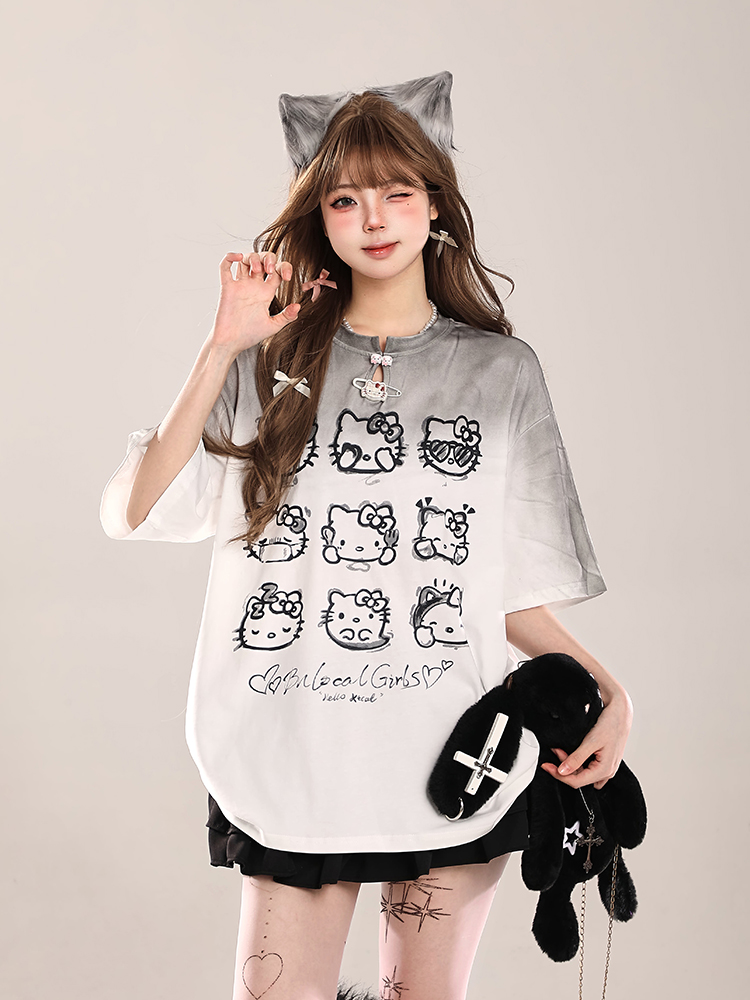Cute Hello Kitty Cat Short-Sleeve T-Shirt for Women, Casual Summer 2025 Loose Fit, Trendy American Style Cute Hello Kitty Cat Short-Sleeve T-Shirt for Women, Casual Summer 2025 Loose Fit, Trendy American Style