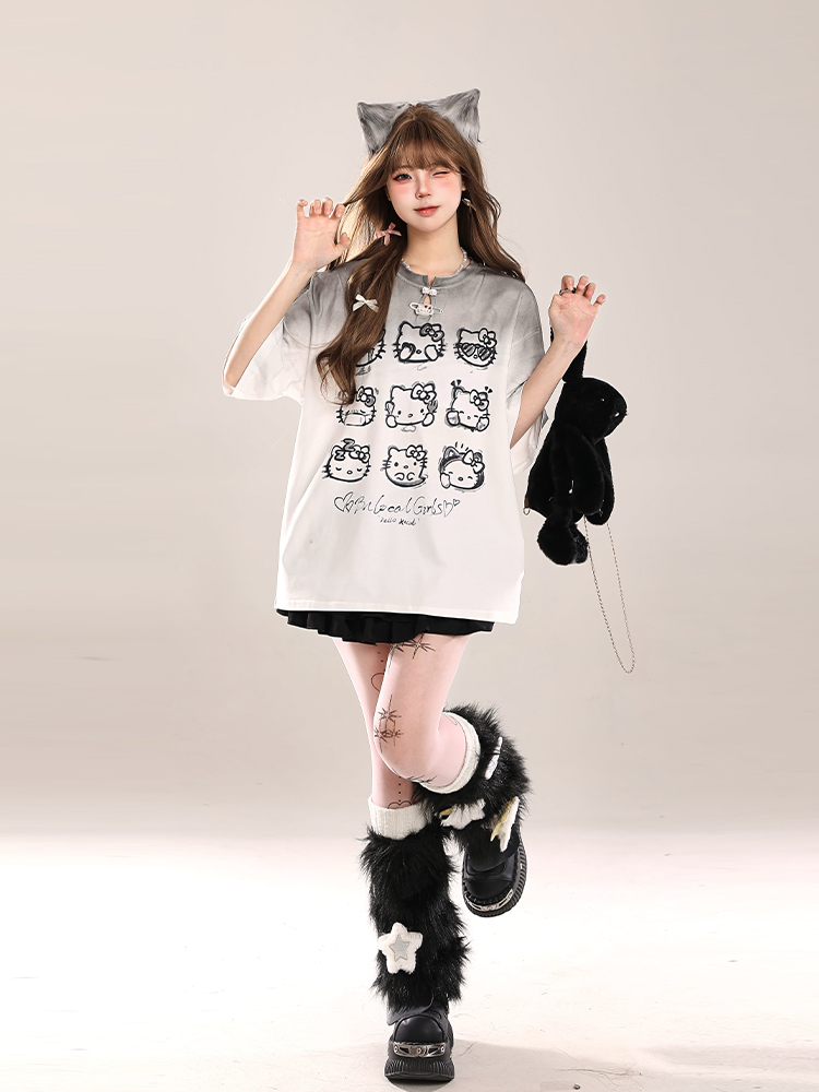 Cute Hello Kitty Cat Short-Sleeve T-Shirt for Women, Casual Summer 2025 Loose Fit, Trendy American Style Cute Hello Kitty Cat Short-Sleeve T-Shirt for Women, Casual Summer 2025 Loose Fit, Trendy American Style