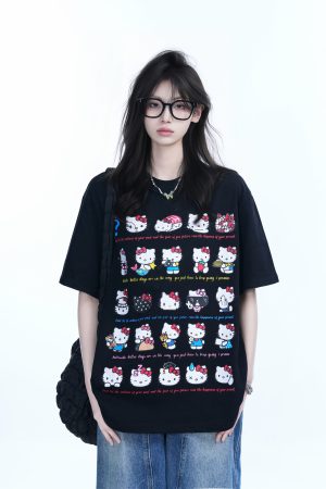 Cute Kitty Cat Graphic Black Short Sleeve T-Shirt for Women - Summer Heavy Loose Fit, Casual Style, Perfect for Y2K Fashion