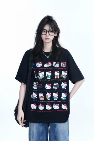 Cute Kitty Cat Graphic Black Short Sleeve T-Shirt for Women - Summer Heavy Loose Fit, Casual Style, Perfect for Y2K Fashion