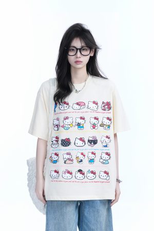 Cute Kitty Cat Graphic Black Short Sleeve T-Shirt for Women - Summer Heavy Loose Fit, Casual Style, Perfect for Y2K Fashion