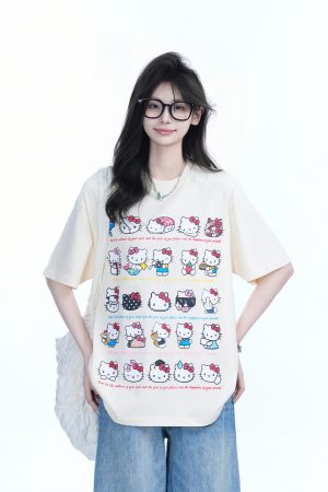 Cute Kitty Cat Graphic Black Short Sleeve T-Shirt for Women - Summer Heavy Loose Fit, Casual Style, Perfect for Y2K Fashion