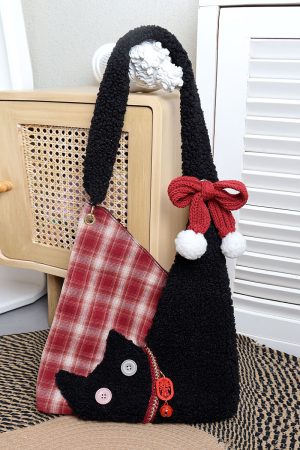 Cute Plush Cat Tote Bag - Red Series New Year Birthstone Lucky Shoulder Crossbody Bag for Y2K and Korean Style Fashion