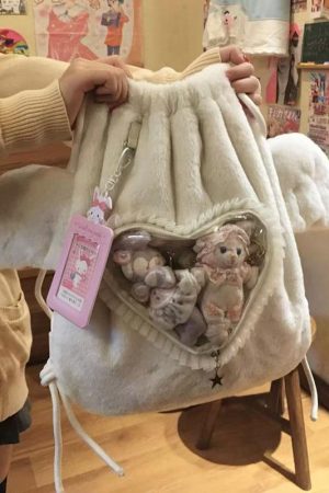 Cute Plush Two-Dimensional Heart Drawstring Backpack - Furry Commuter Bag with Large Capacity for Autumn Winter Fashion
