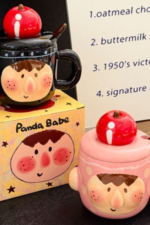 Cute Quirky Apple Ceramic Mug with Lid and Spoon â€“ Fun Water Cup for Girls, Perfect Birthday Gift, High-Value Design