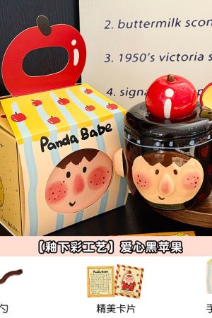 Cute Quirky Apple Ceramic Mug with Lid and Spoon â€“ Fun Water Cup for Girls, Perfect Birthday Gift, High-Value Design