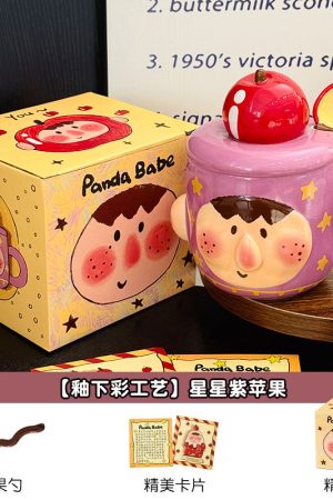 Cute Quirky Apple Ceramic Mug with Lid and Spoon â€“ Fun Water Cup for Girls, Perfect Birthday Gift, High-Value Design