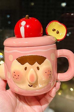 Cute Quirky Apple Ceramic Mug with Lid and Spoon â€“ Fun Water Cup for Girls, Perfect Birthday Gift, High-Value Design