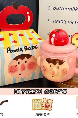 Cute Quirky Apple Ceramic Mug with Lid and Spoon â€“ Fun Water Cup for Girls, Perfect Birthday Gift, High-Value Design