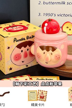 Cute Quirky Apple Ceramic Mug with Lid and Spoon â€“ Fun Water Cup for Girls, Perfect Birthday Gift, High-Value Design