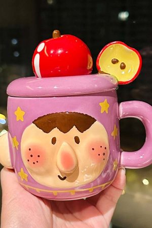 Cute Quirky Apple Ceramic Mug with Lid and Spoon â€“ Fun Water Cup for Girls, Perfect Birthday Gift, High-Value Design
